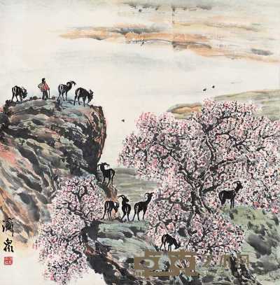 方济众 江畔牧羊 立轴 69×68cm